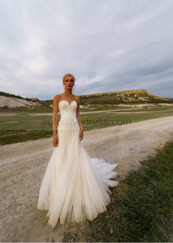 Strapless White Glitter Lace Tulle Princess Wedding Dress